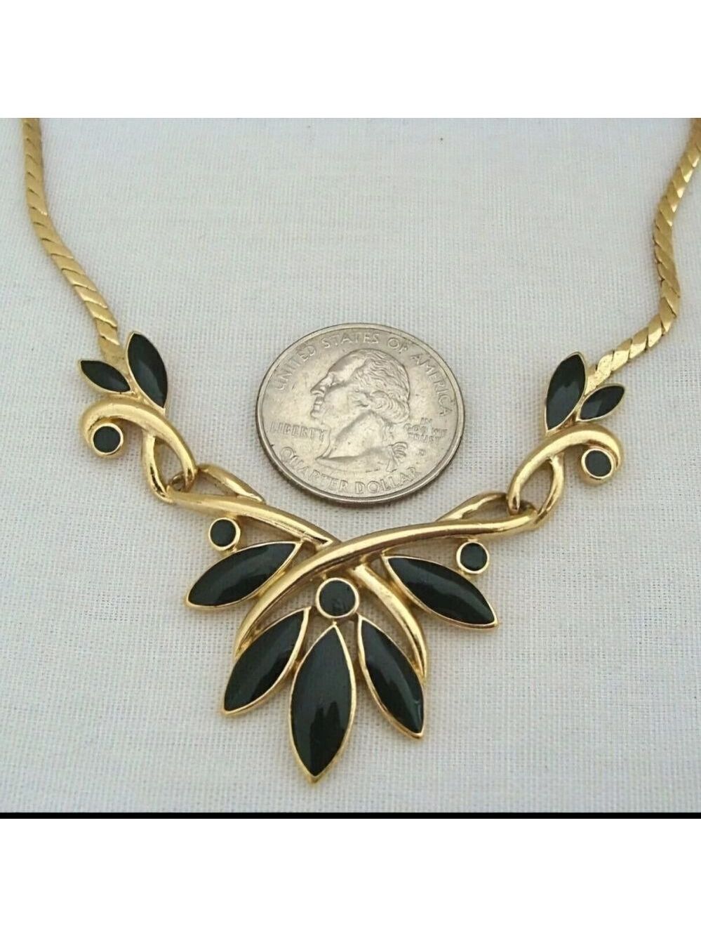 Trifari Gold-Tone And Black Enamel Leaves Necklace - Picture 3 of 6